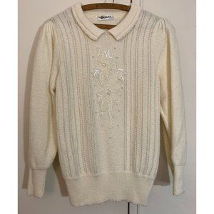Vintage Anna Sweater Women's Small Ivory Wool Blend Beaded Collared Puff Sleeves